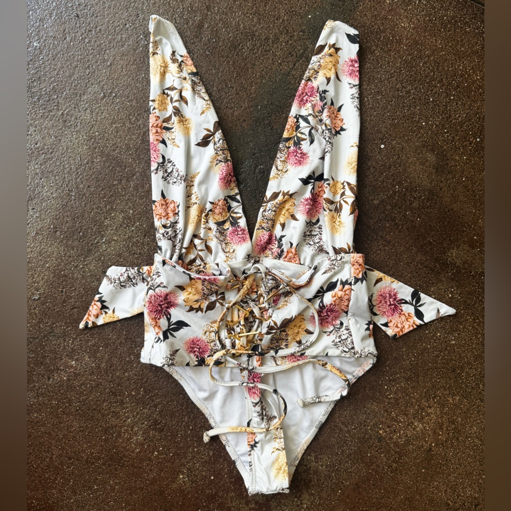 ONE OF A KIND RARE Deadstock Floral Print Lace Up Corset Plunge Halter One Piece